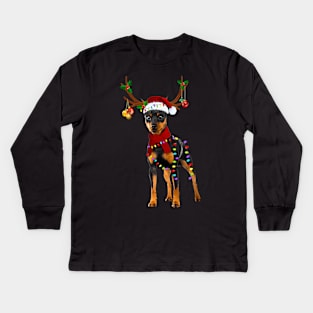 Santa Doberman Pinscher Reindeer Light Christmas Kids Long Sleeve T-Shirt